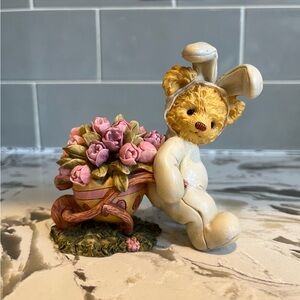 Charming Teddy Bear Bunny Figurine with Floral Cart